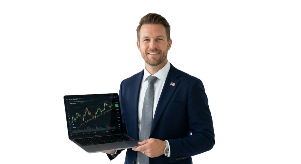 AX Capitals Institutional Trader holding laptop with live candlestick trading charts